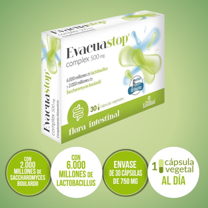 Evacuastop Suplemento con Probióticos para el Equilibrio Digestivo y Bienestar Intestinal - 30 Cápsulas